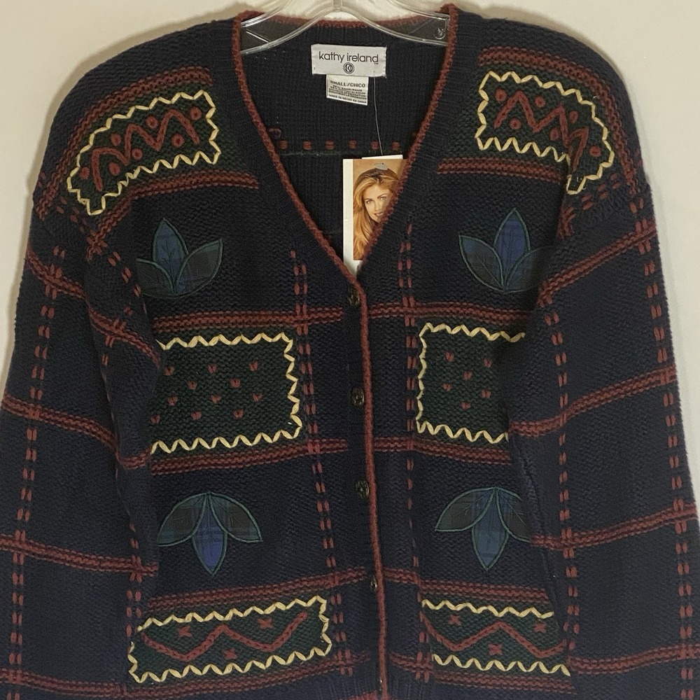 Kathy Ireland Cardigan Womens Small Blue Multi Floral Embroidered Granny Y2K 90s - Picture 2 of 16